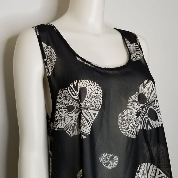 Live 4 Truth White Skull Print Black Sheer Sleeveless Back Bow Ruffle Top Size L - Picture 4 of 16